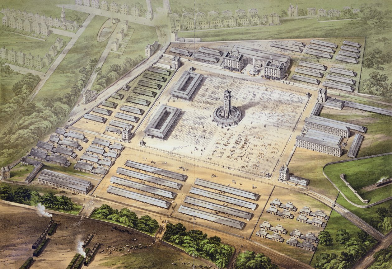 Vista isométrica do novo mercado de gado metropolitano, 1855 de English School