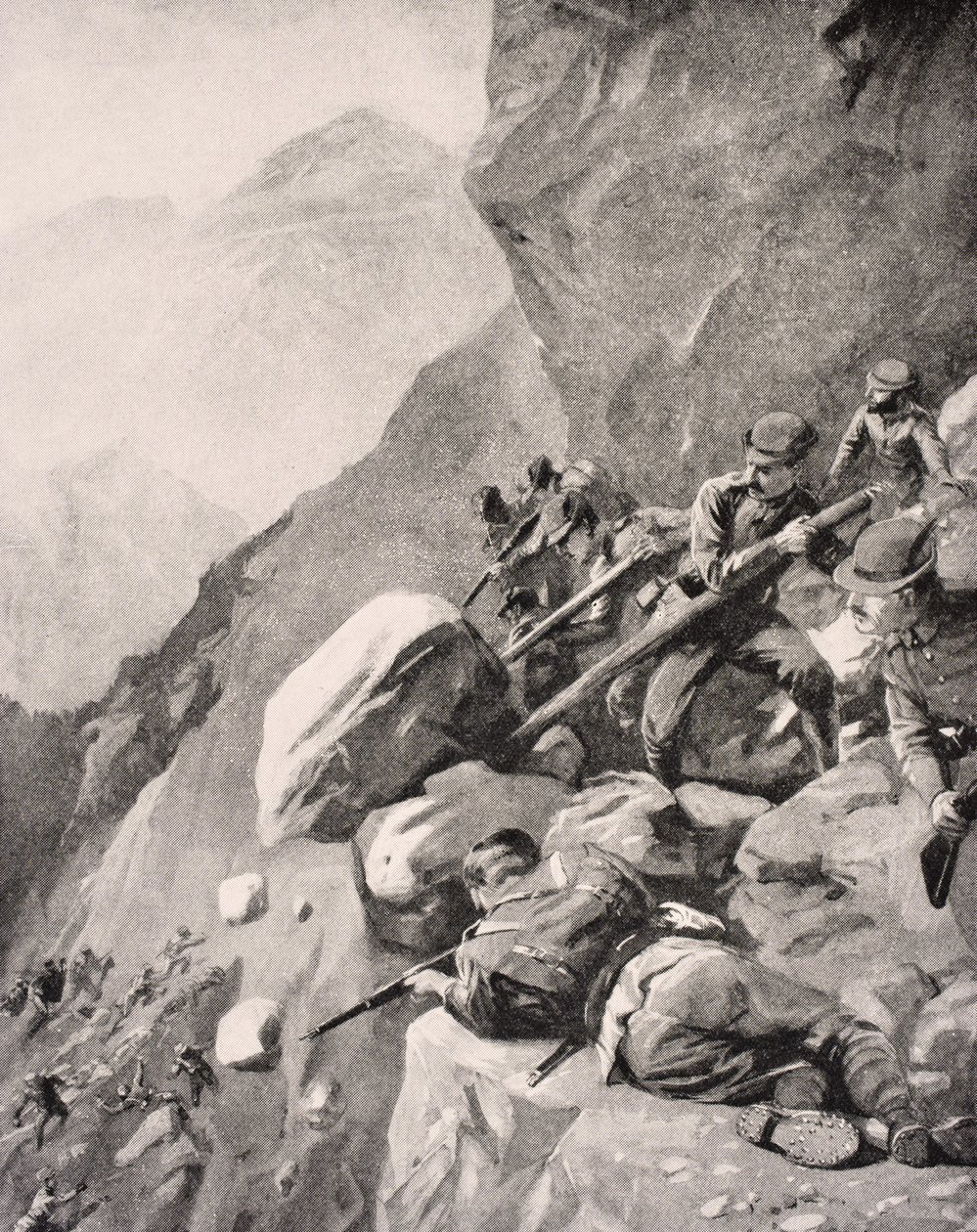 Tropas italianas empurrando pedregulhos sobre soldados inimigos nas Dolomities, em 1915, de "The War Illustrated Album deLuxe", publicado em Londres, 1916 de English School