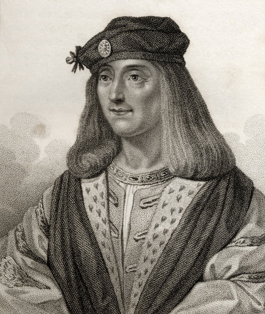 James IV, rei da Escócia, gravado por Geremia, ilustração de "Um catálogo de autores reais e nobres, Volume V", publicado em 1806 de English School