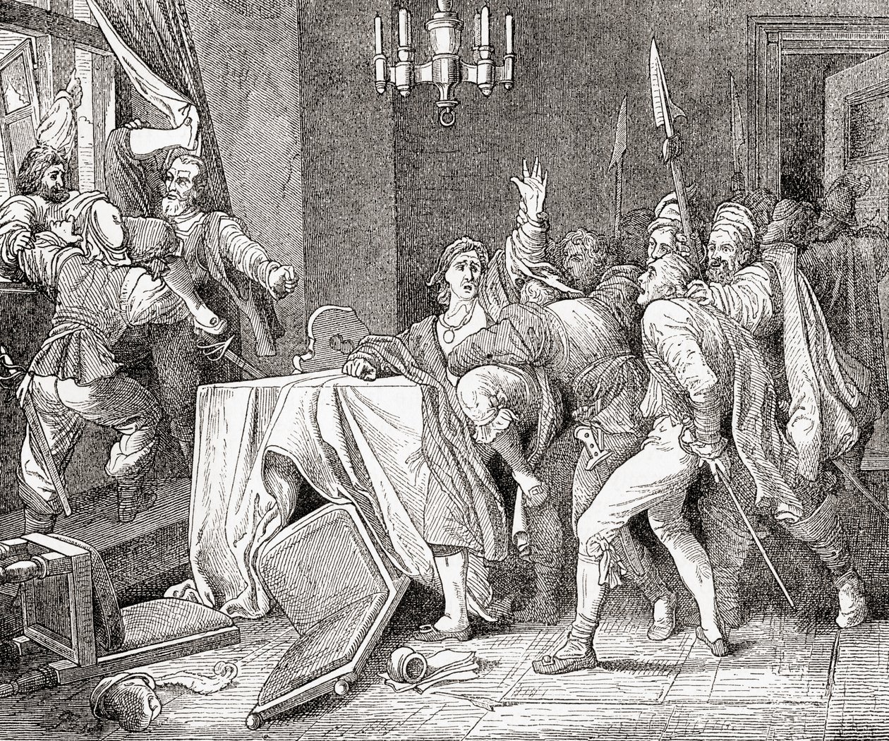 Jaroslav Brita de Martinice e Vilem Slavata de Chlum jogado da janela do palácio em Praga durante o The Defenestration de Praga em 1618, de Ward and Locks Ilustrado História do Wo de English School