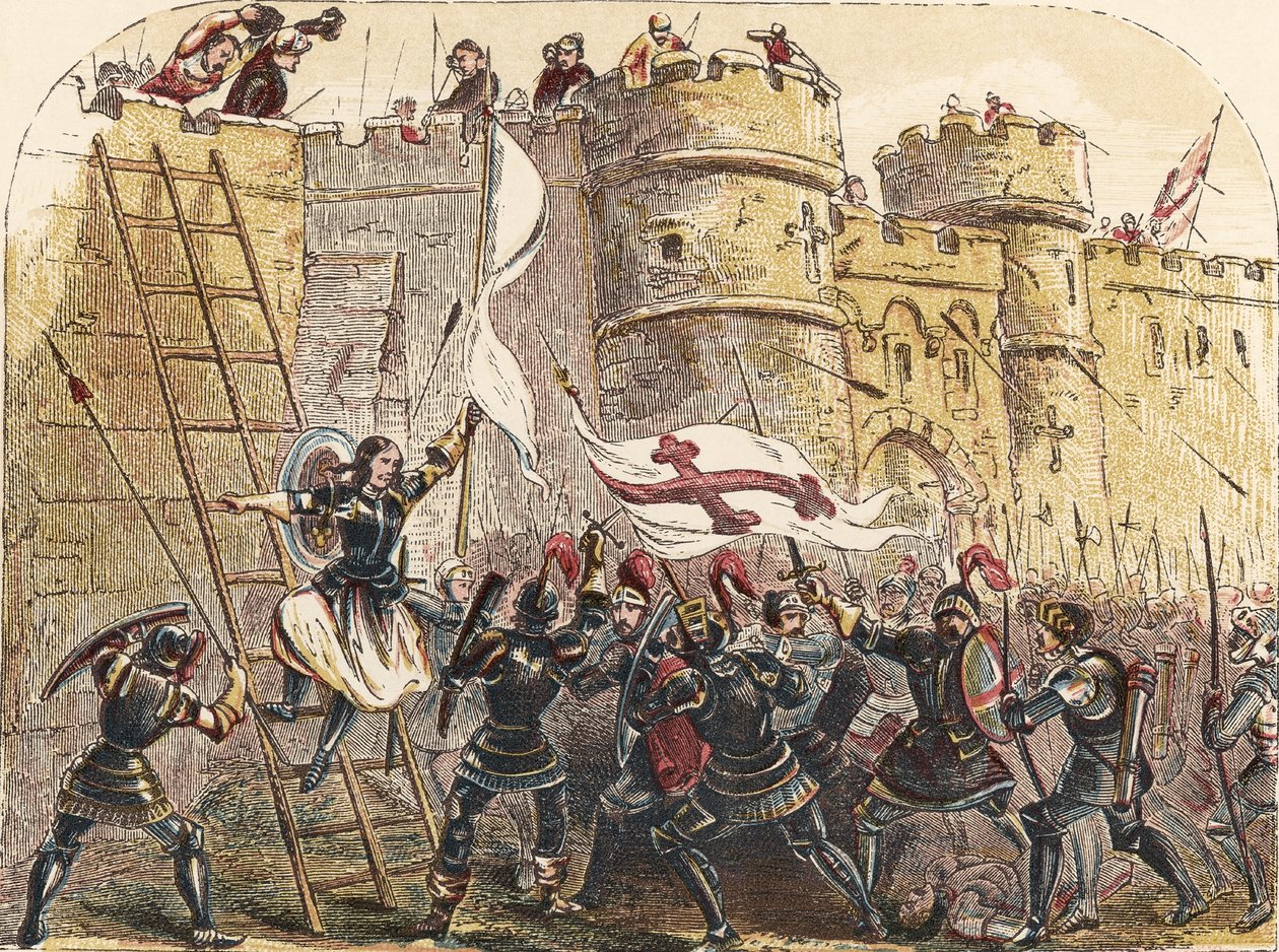 Joana d&39;Arc lidera o exército francês contra os defensores ingleses do portão de Les Tourelles, durante o cerco de Orleans em 7 de maio de 1429 (chromolitho) de English School