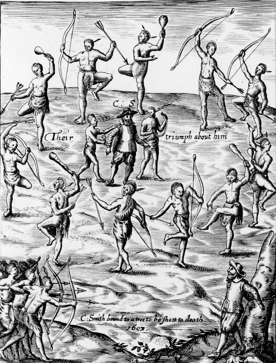 John Smith sendo feito prisioneiro e ameaçado de morte pelos nativos americanos da Virgínia em 1607, 1624 (detalhe de 105033) de English School