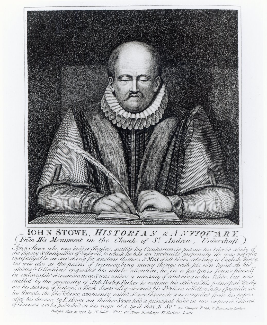 John Stowe, retrato de seu monumento na Igreja de Santo André, Undershaft, 1792 de English School