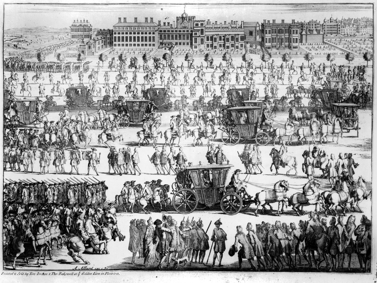 Procissão do Rei George I ao Palácio de St. James, em 20 de setembro de 1714, gravada por Abraham Allard de English School