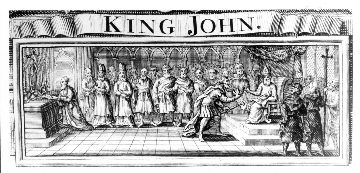O rei John entrega sua coroa a Pandulph Masca, Legado papal, em Dover, em maio de 1213 de English School