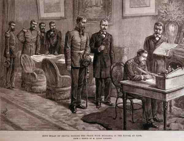 Rei Milão de Servia Assinando a Paz com a Bulgária no Konak em Nish, de The Illustrated London News, 4 de março de 1886 de English School