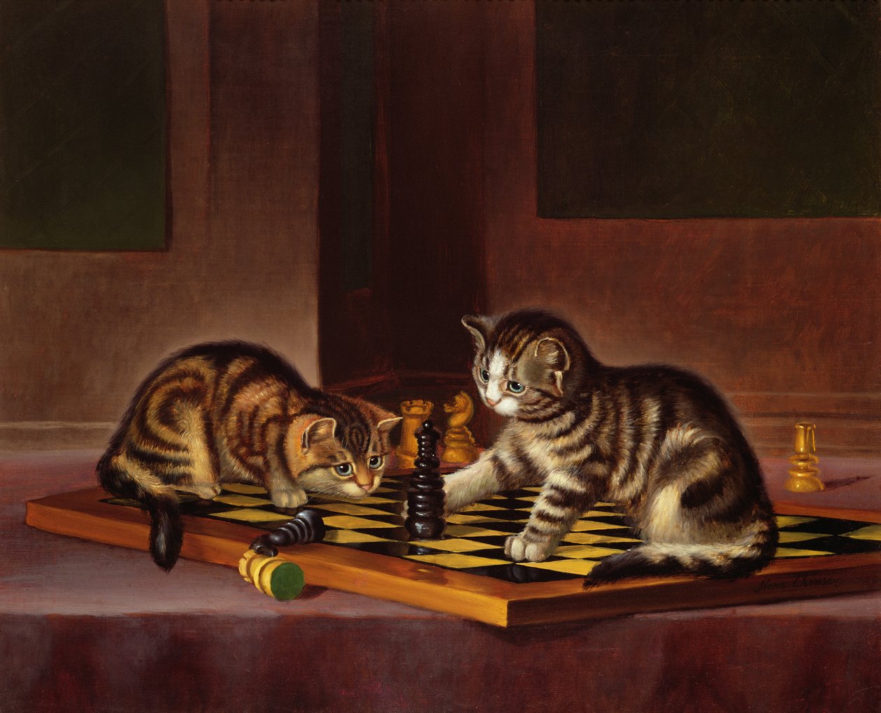 Gatinhos jogando xadrez, c.1860 de English School