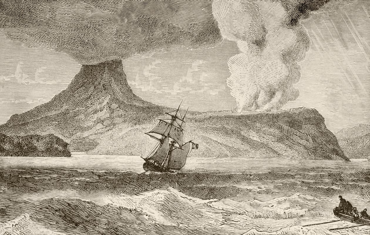 Ilha de Krakatoa em erupção em agosto de 1883 de English School
