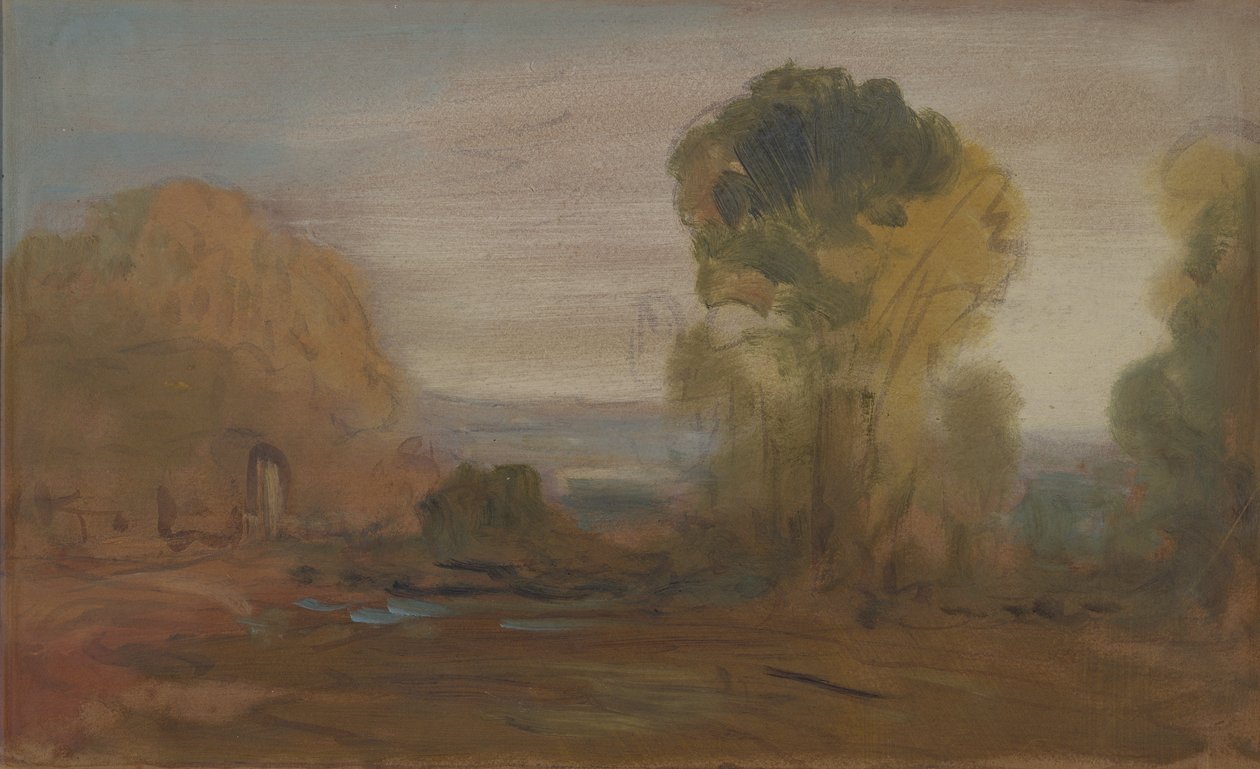 Paisagem com Árvores, anteriormente atribuída a JMW Turner (1775-1851) e também atribuída a Peter de Wint (1784-1849) (óleo sobre papel) de English School