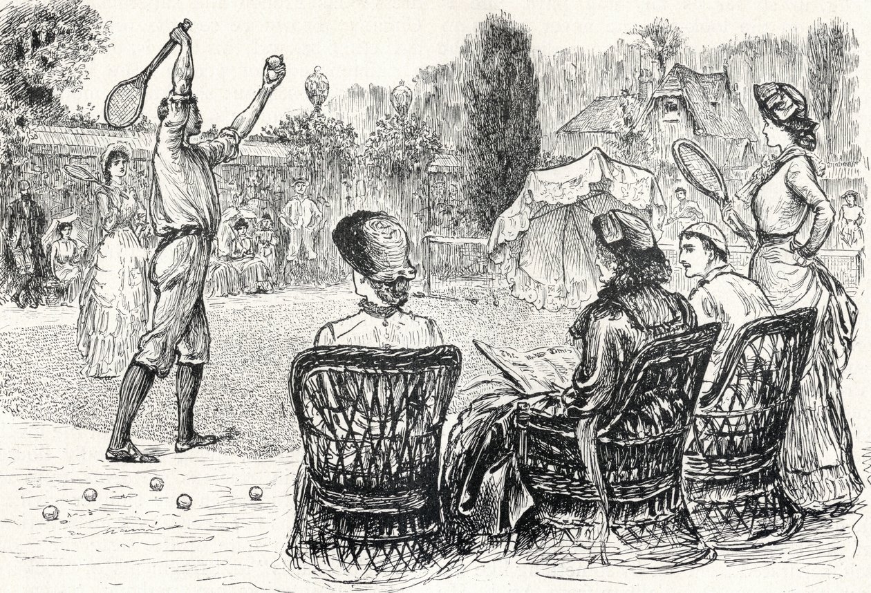 Tênis de gramado em 1883, gravado a partir do desenho original na revista Punch Magazine, de &39;The Century Illustrated Monthly Magazine&39;, de maio a outubro de 1883 de English School