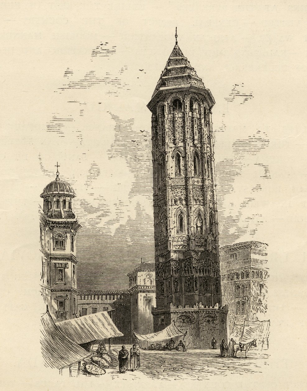 A Torre Inclinada de Saragoça, ilustração de &39;Imagens espanholas&39; do Rev. Samuel Manning de English School
