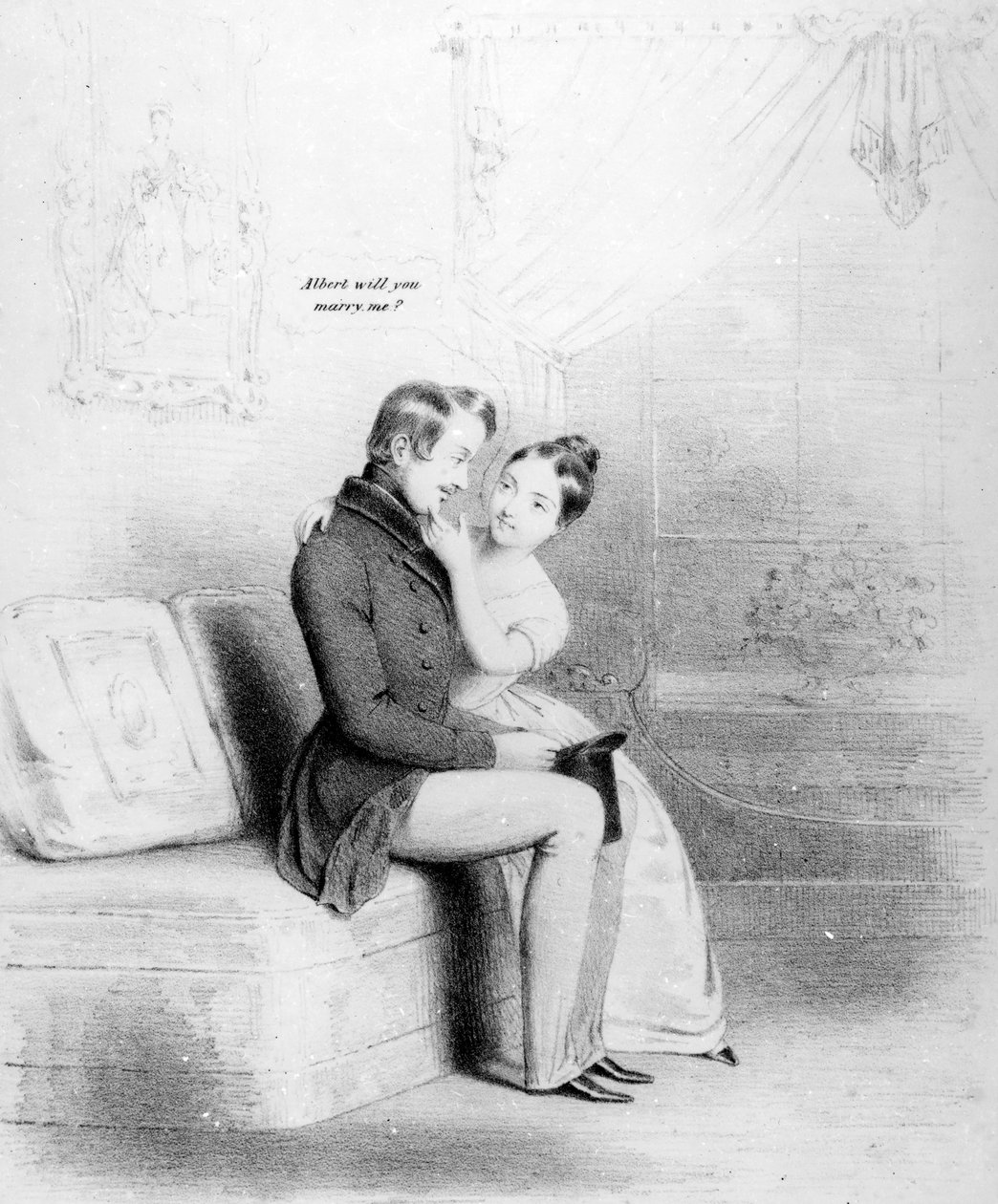 Ano bissexto! Rainha Vitória propondo a Albert, publicado em 1840 de English School