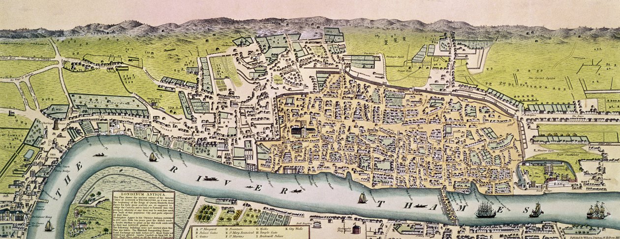 Londinium Antiqua, mapa de Londres, pub. por William Darton, 1563 (gravura colorida à mão) de English School
