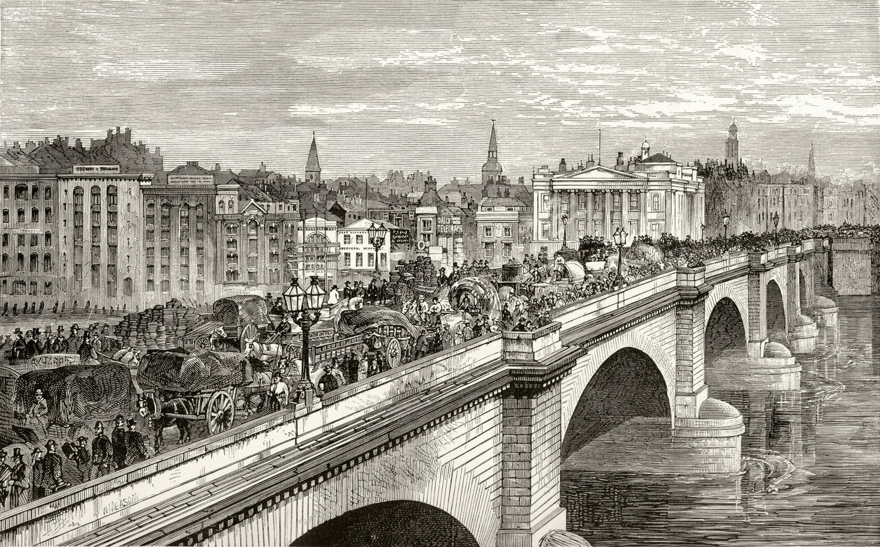 Ponte de Londres no século XIX, de "Londres Pictures: desenhada com caneta e lápis", pelo Rev. Richard Lovett, publicado em 1890 de English School
