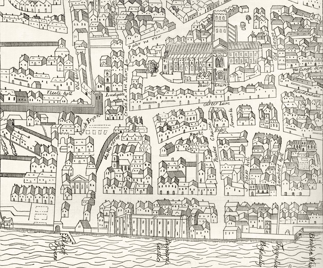 Londres em torno de St. Paul em 1563, de &39;London Pictures: desenhado com caneta e lápis&39;, pelo Rev. Richard Lovett, publicado em 1890 de English School