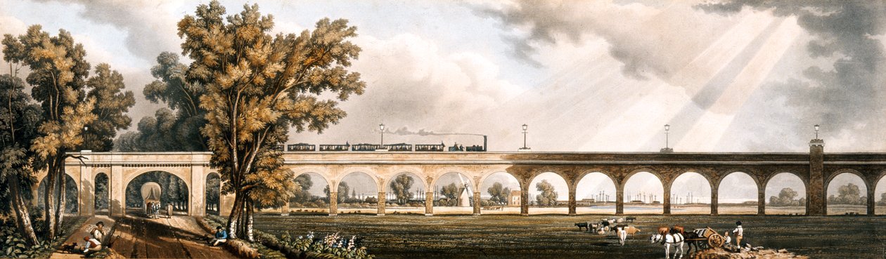 Londres para Greenwich Railroad mostrando o viaduto, projetado por George Landman de English School