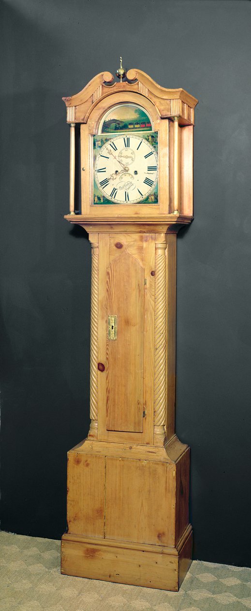 Relógio de caixa longa, com pintura esmaltada de um trem no mostrador, c.1850 de English School