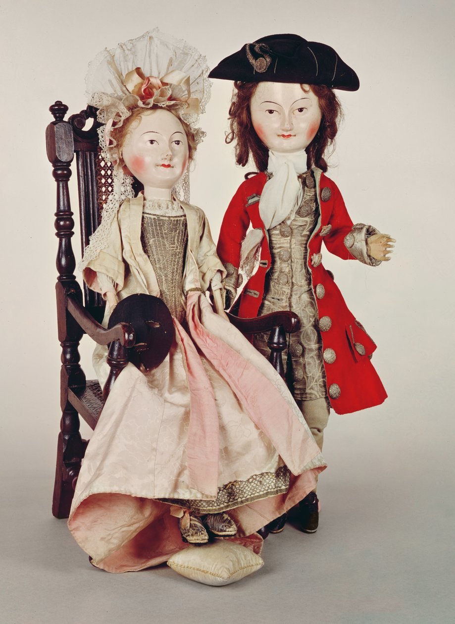 Senhor e Senhora Clapham, bonecos de madeira feitos no período de Guilherme e Maria, final do século XVII e XVIII (ver também 182283) de English School