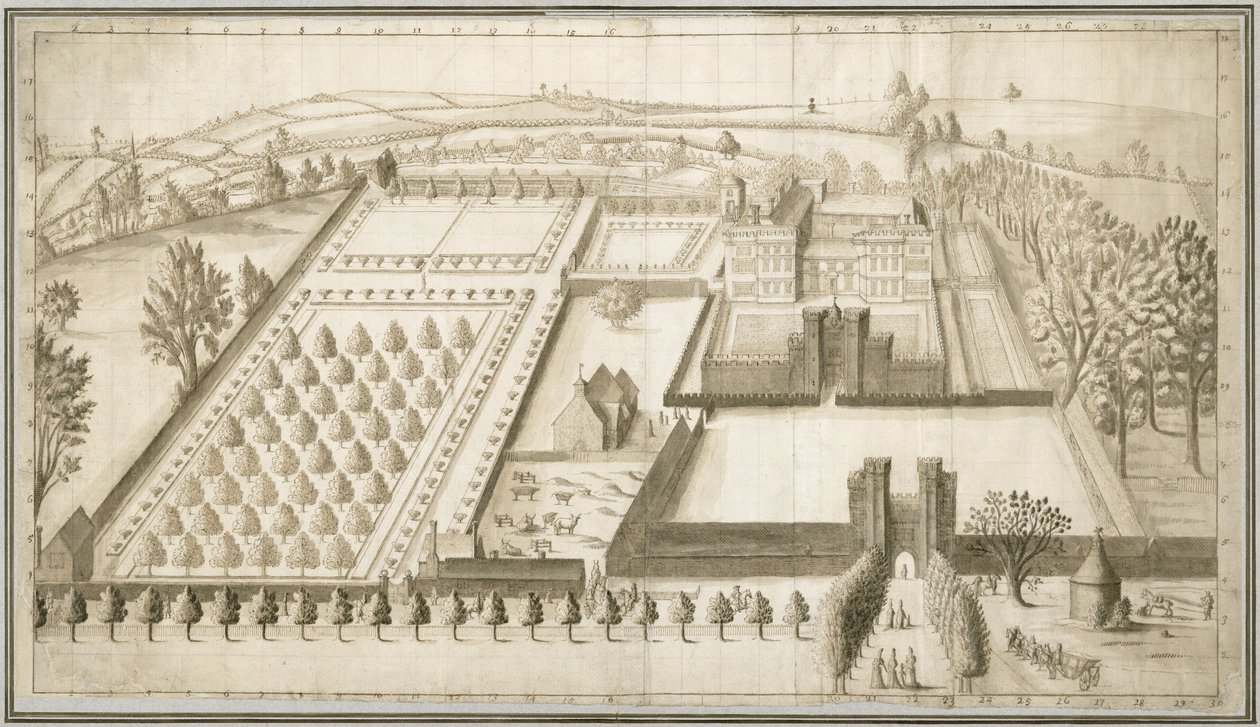 Castelo de Lullingstone, c.1670 (caneta e tinta com papel lavado) de English School