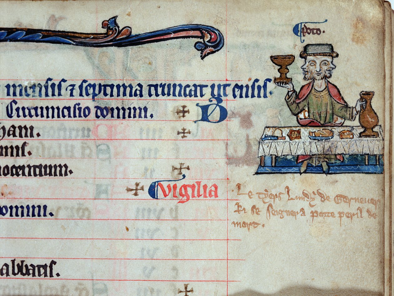 MS CCC 285 f.3 Um homem de três cabeças bebendo, ilustração para janeiro no calendário de um saltério, c.1250-75 de English School