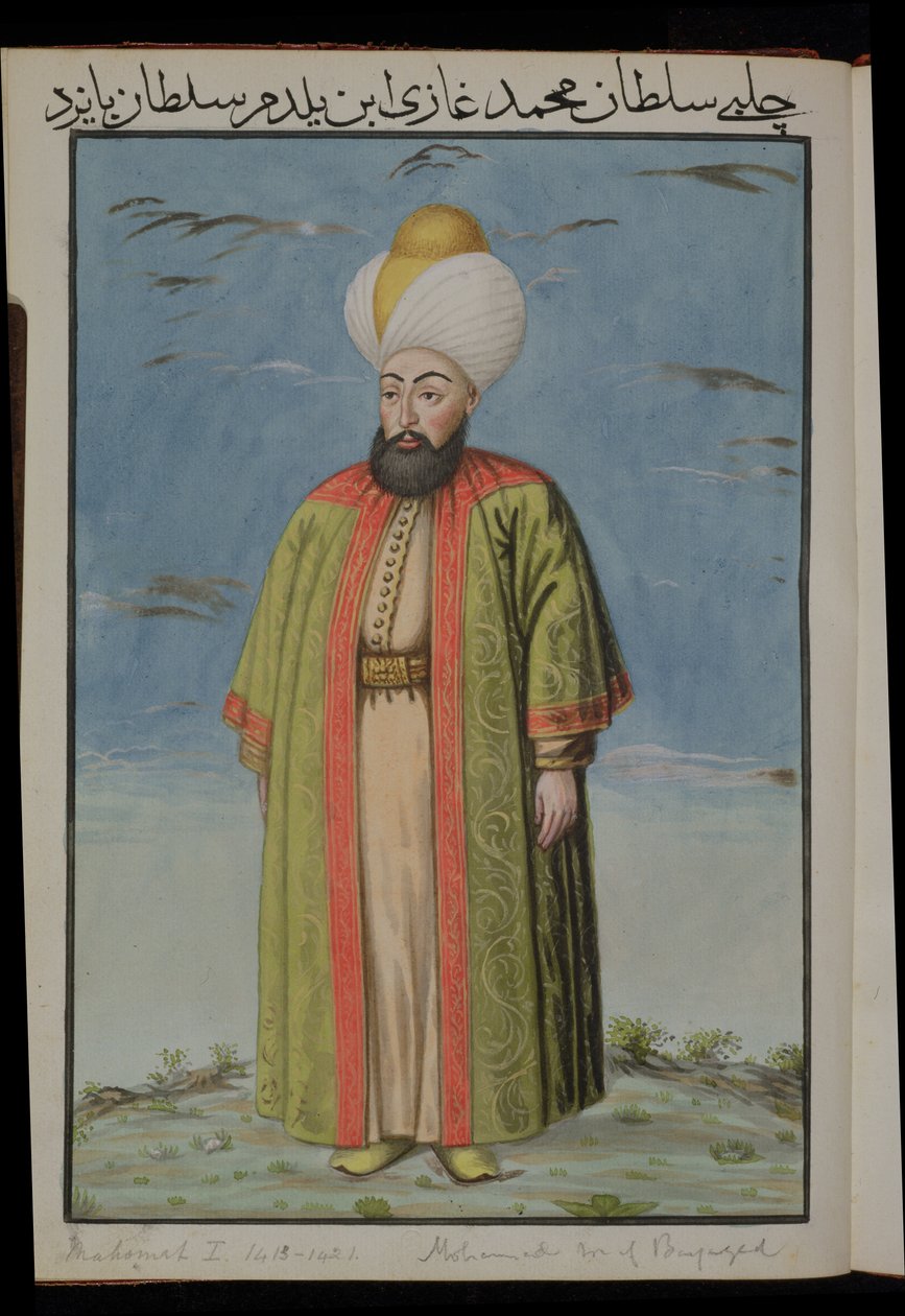 Mahomet (Mehmed) I (1387-1421), Sultan 1413-21, de uma série de retratos dos imperadores da Turquia, 1808 (wc) de English School
