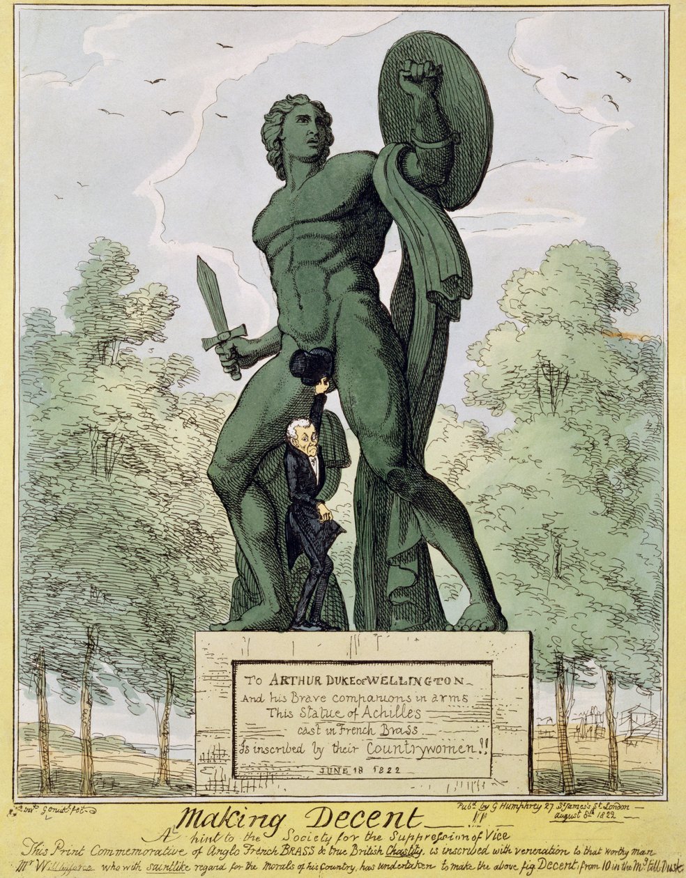 Making Decent, cartoon mostrando William Wilberforce (1759-1833) encobrindo a estátua de Aquiles em Hyde Park Corner, de Richard Westmacott (1775-1856), pub. 1822 de English School