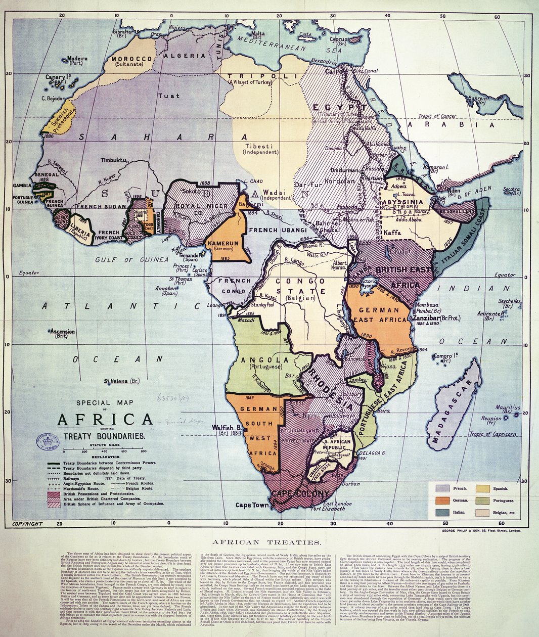 Mapa da África mostrando os limites do Tratado, 1891 (litografia a cores) de English School