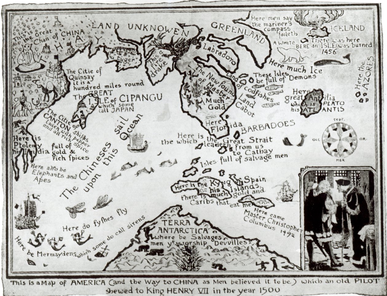 Mapa da América e direções para a China como se acredita ser uma cópia de um original do século 16 de English School