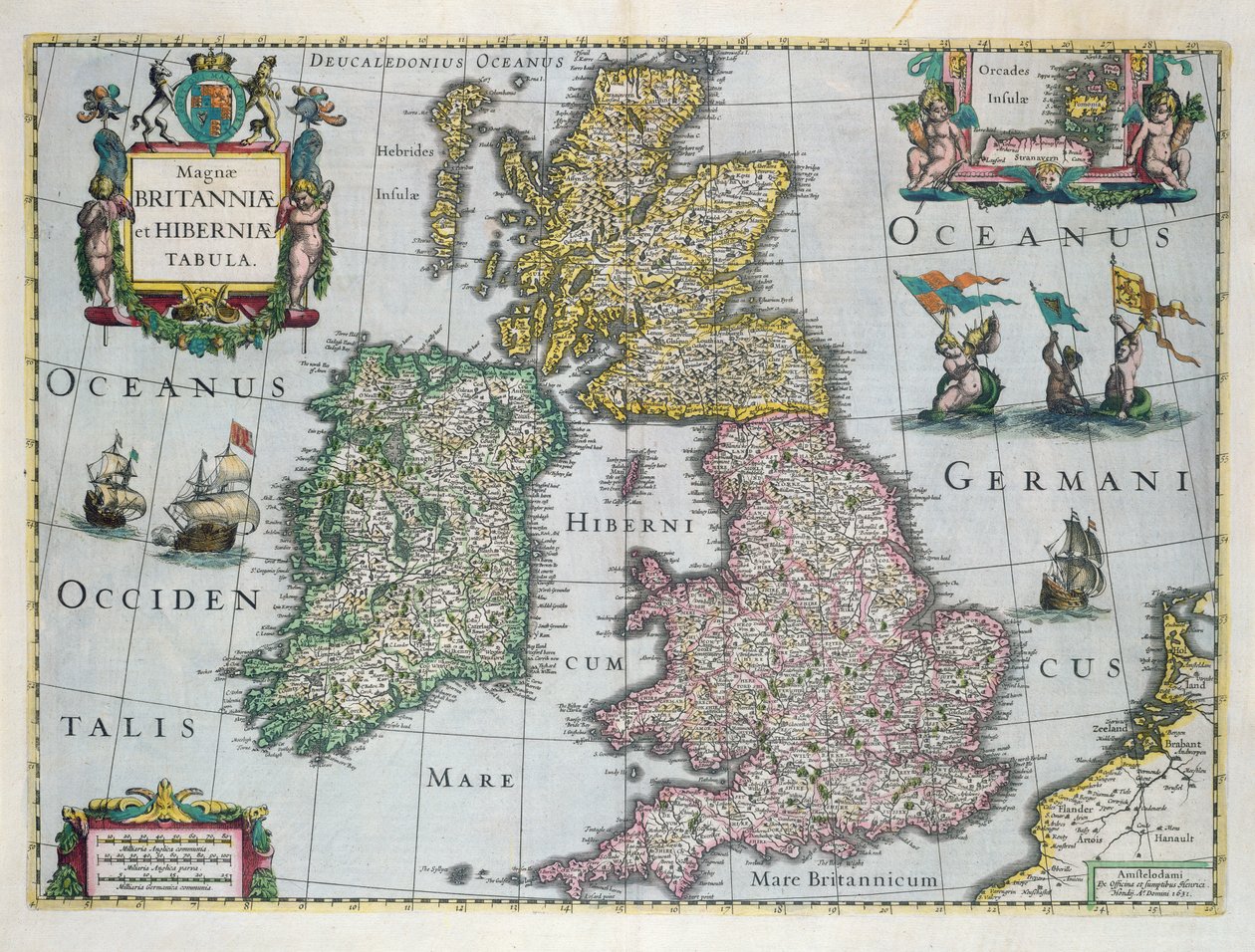 Mapa da Grã-Bretanha, 1631 (gravura colorida à mão) de English School