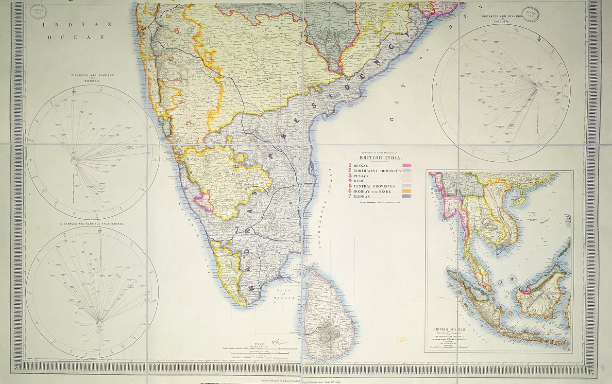 Mapa do Sul da Índia Britânica, 1872 (litografia a cores) de English School