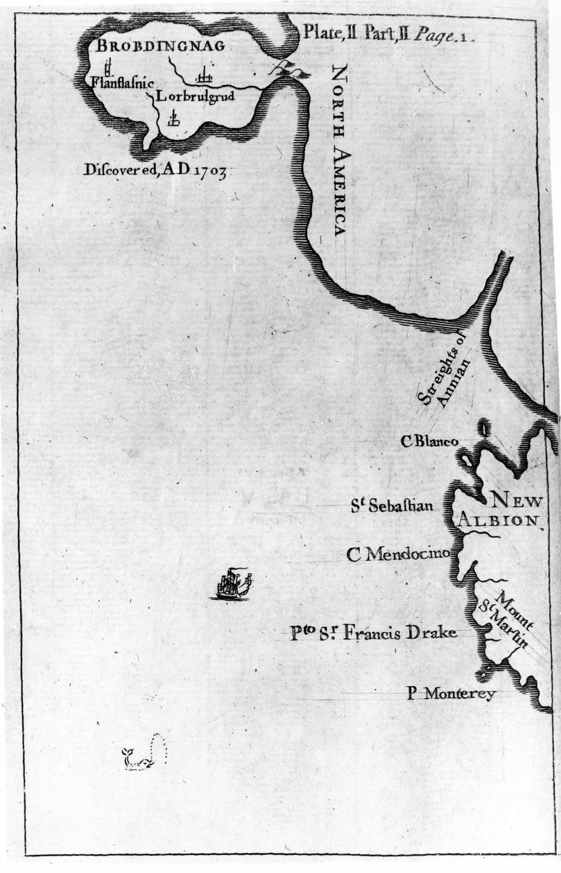 Mapa de Brobdingnag, ilustração da primeira edição de &39;Gulliver&39;s Travels&39; de Jonathan Swift, 1726 (impressão) de English School