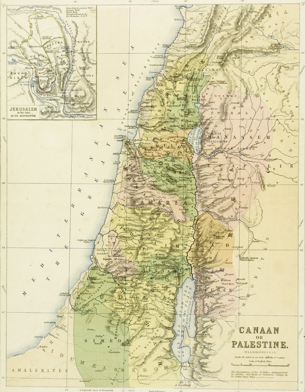 Mapa de Canaã, ou Palestina, publicado por AK Johnstone de English School