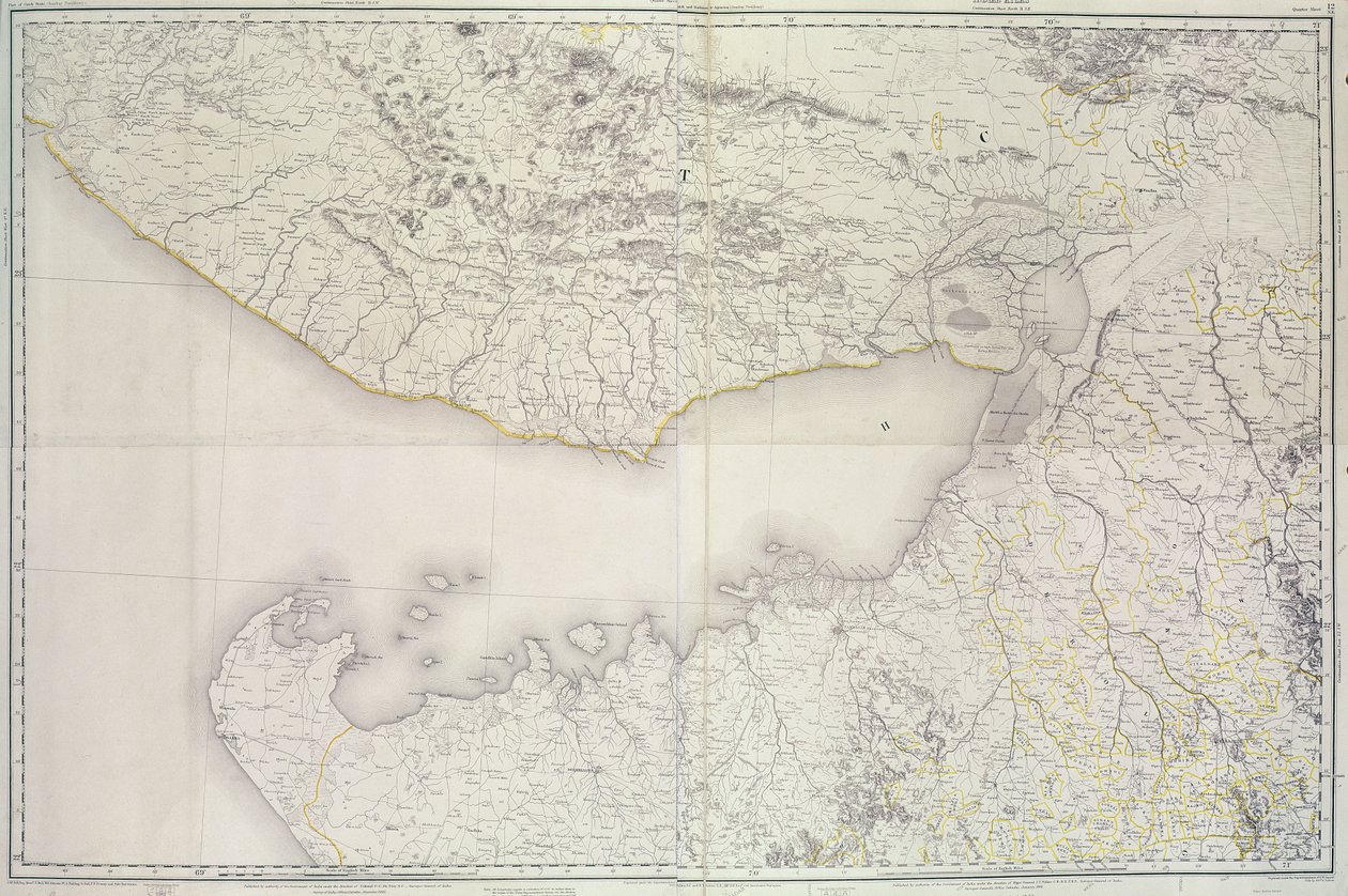 Mapa de Cutch e Kathiawar, publicado sob a direção do Coronel GC de Pree, SC, Surveyor Geral da Índia, 1885 de English School