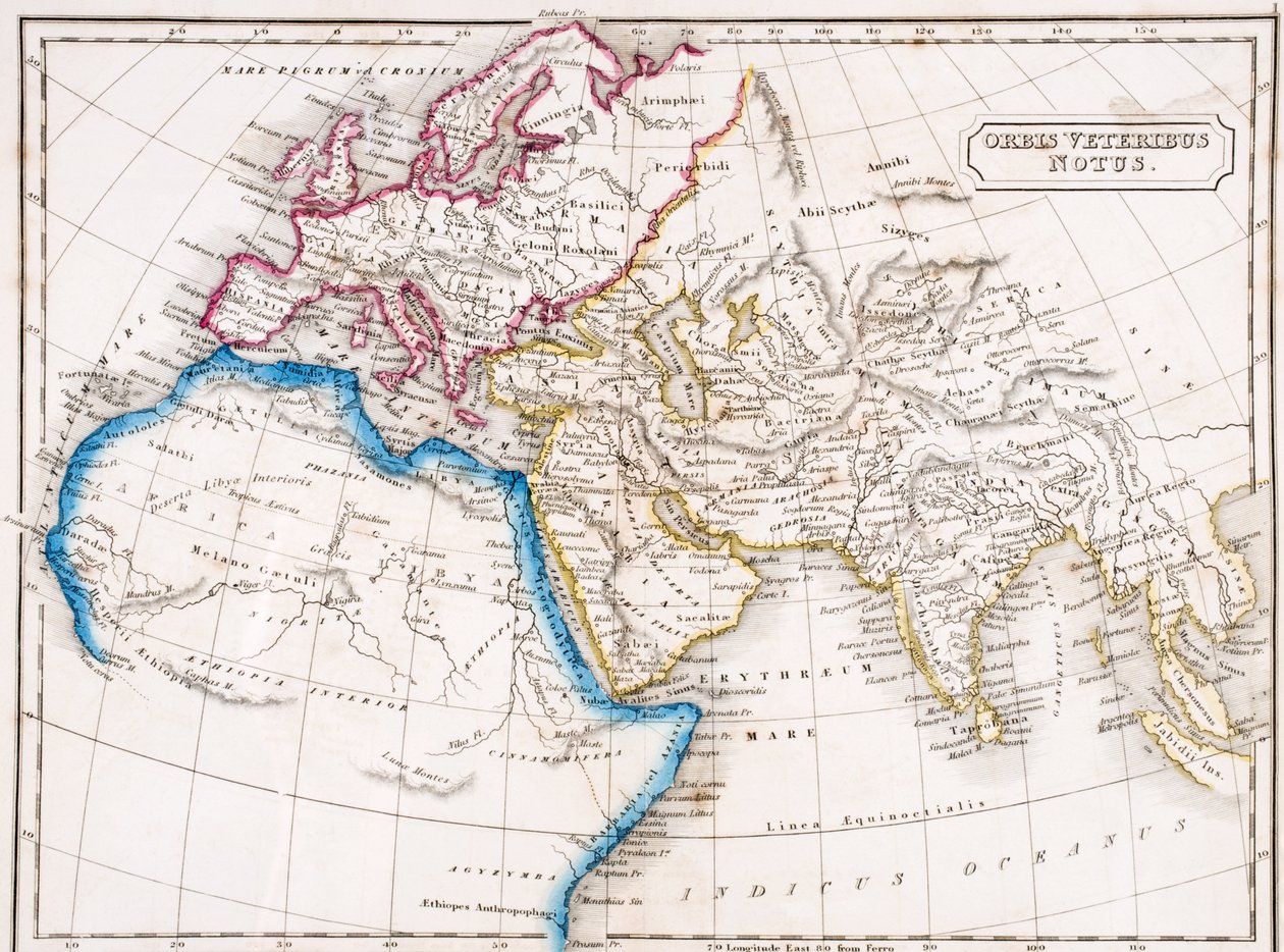 Mapa da Europa Norte da África e Ásia Ocidental, Orbis Veteribus Notus, de "O Atlas da Geografia Antiga", de Samuel Butler, publicado em Londres, c.1829 de English School