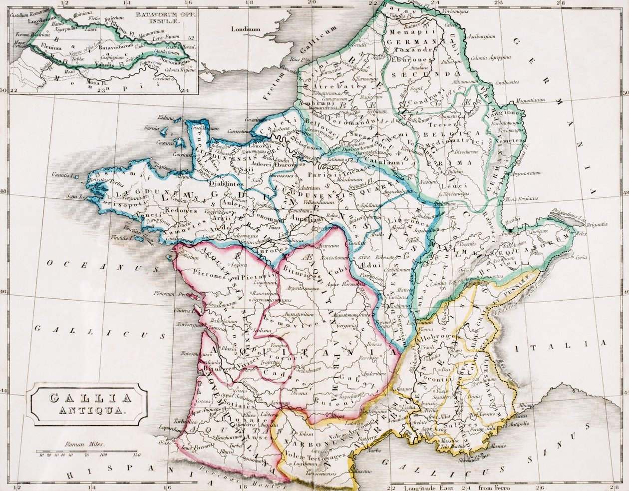 Mapa da França, Gallia Antique, de "O Atlas da Geografia Antiga", de Samuel Butler, publicado em Londres, c.1829 de English School