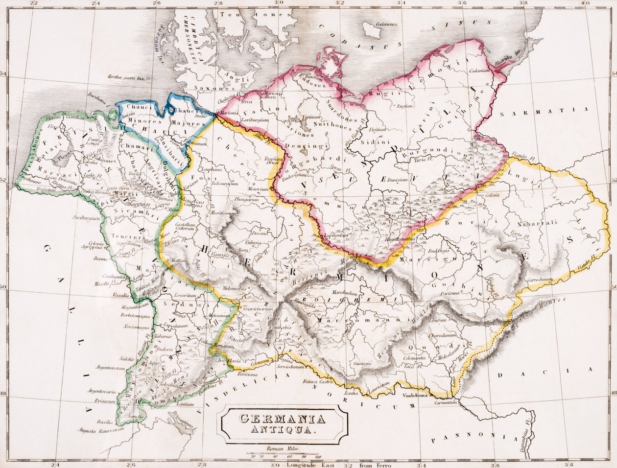 Mapa da Alemanha, Germania Antiqua, de "O Atlas da Geografia Antiga", de Samuel Butler, publicado em Londres, c.1829 de English School