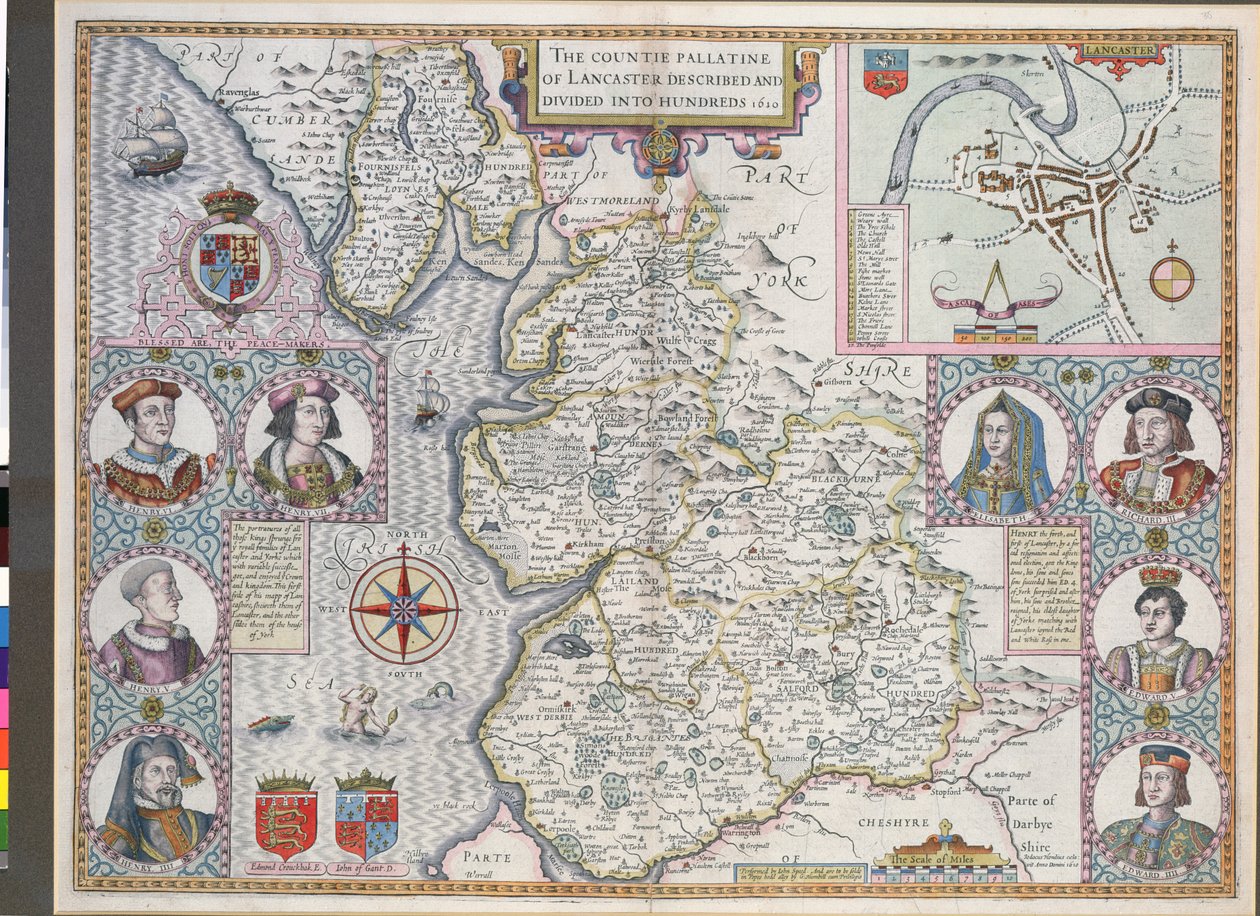 Mapa de Lancaster dividido em centenas, 1610 (gravura a cores) de English School