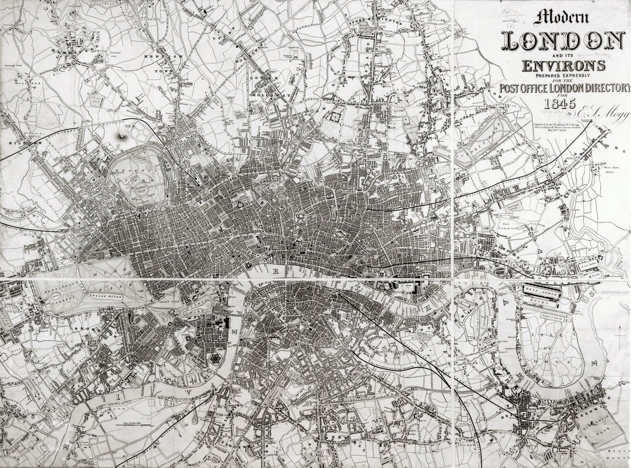 Mapa de Londres moderna e seus arredores, 1845 de English School