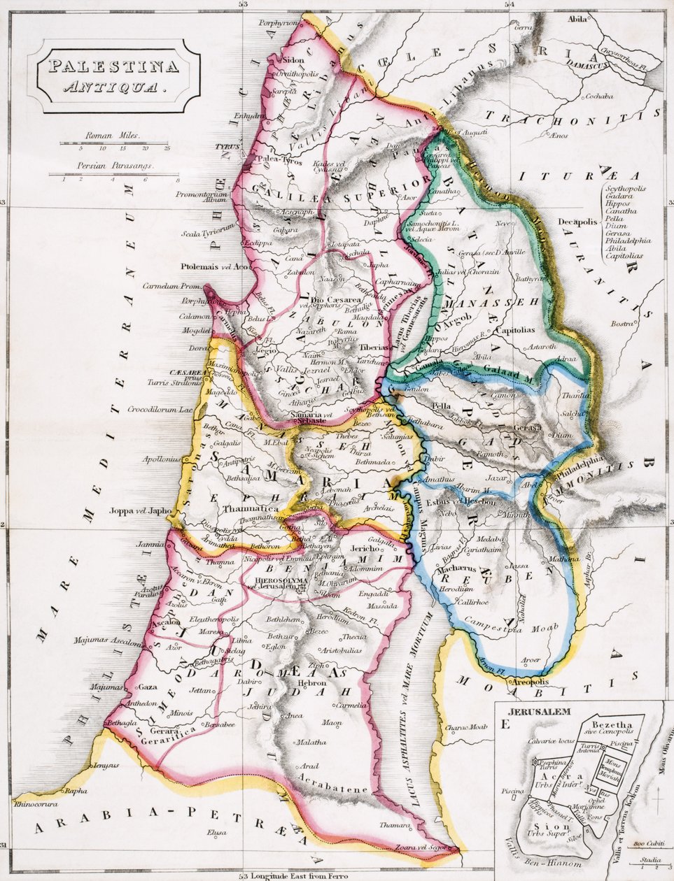 Mapa da Palestina, Palestina Antiqua, de "O Atlas da Geografia Antiga", de Samuel Butler, publicado em Londres, c.1829 de English School