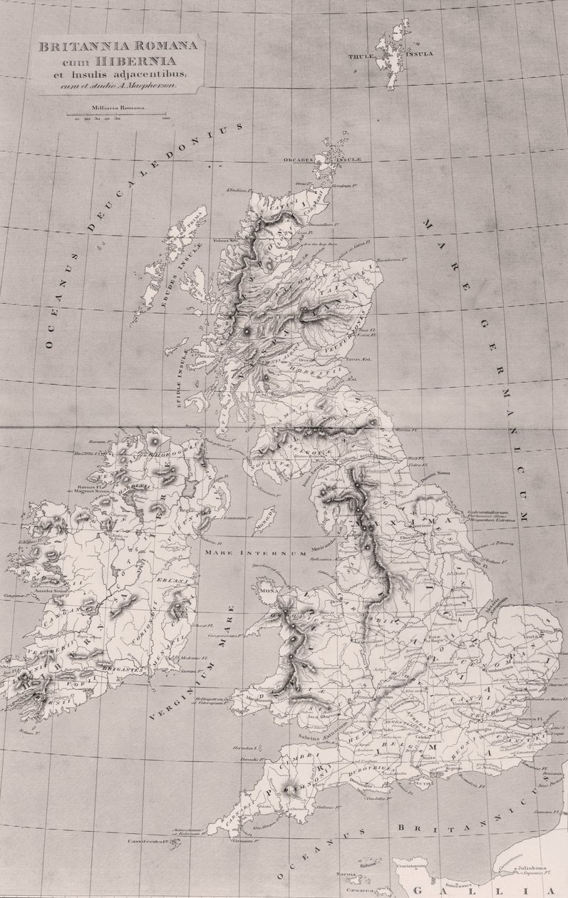 Mapa da Grã-Bretanha romana com a Irlanda e ilhas adjacentes, mapa originalmente publicado em Londres, 1818 de English School