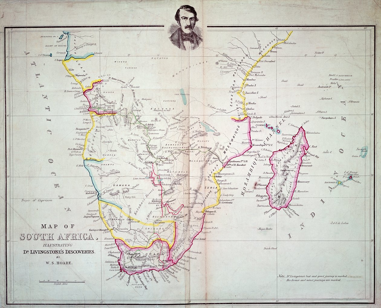 Mapa da África do Sul, ilustrando as descobertas do Dr. Livingstone de English School
