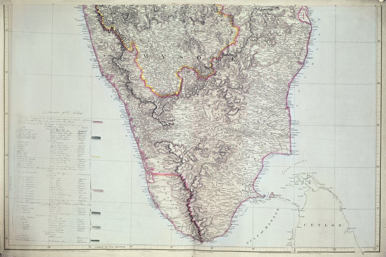 Mapa do sul da Índia, 1816 (gravura colorida à mão) de English School