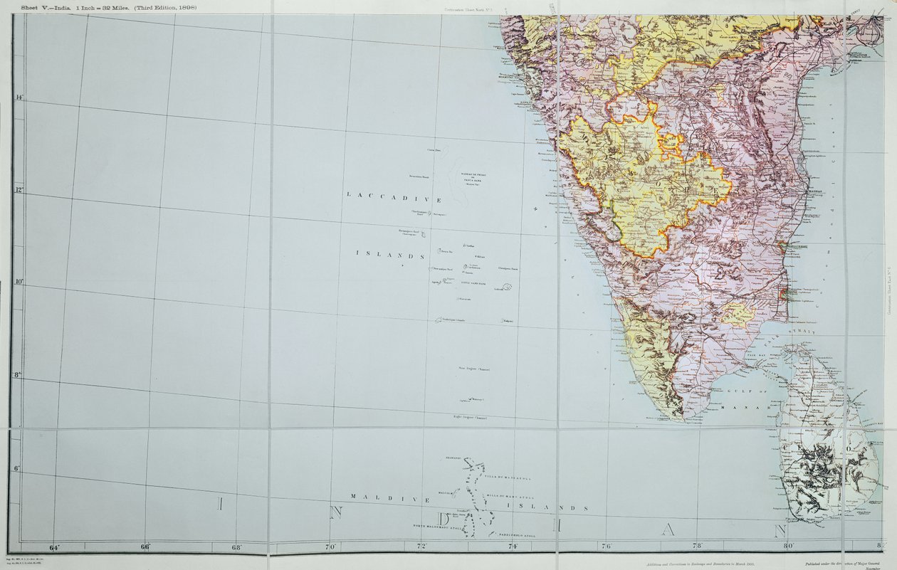 Mapa do sul da Índia, 1898 (litografia a cores) de English School