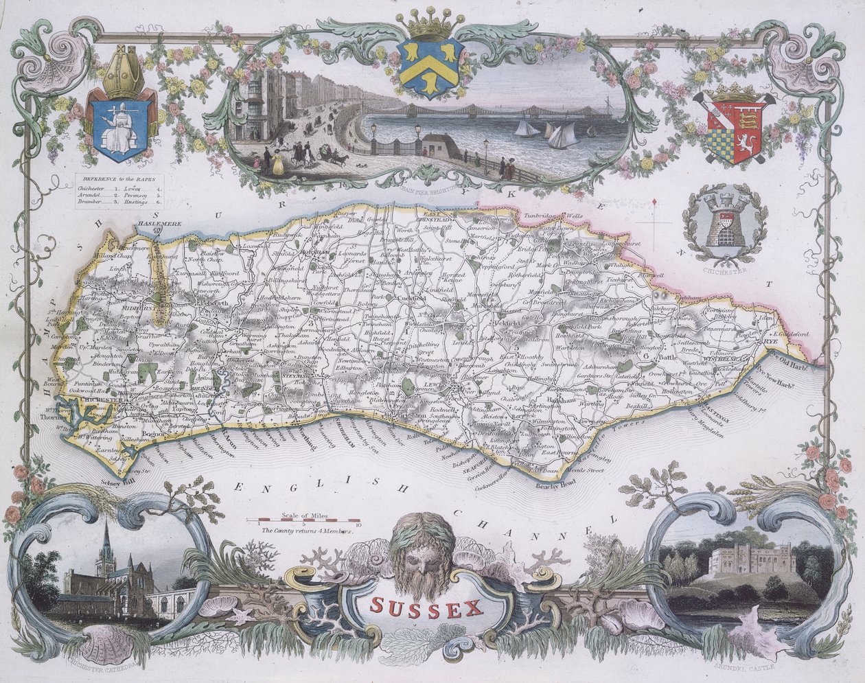 Mapa de Sussex (gravura a cores) de English School
