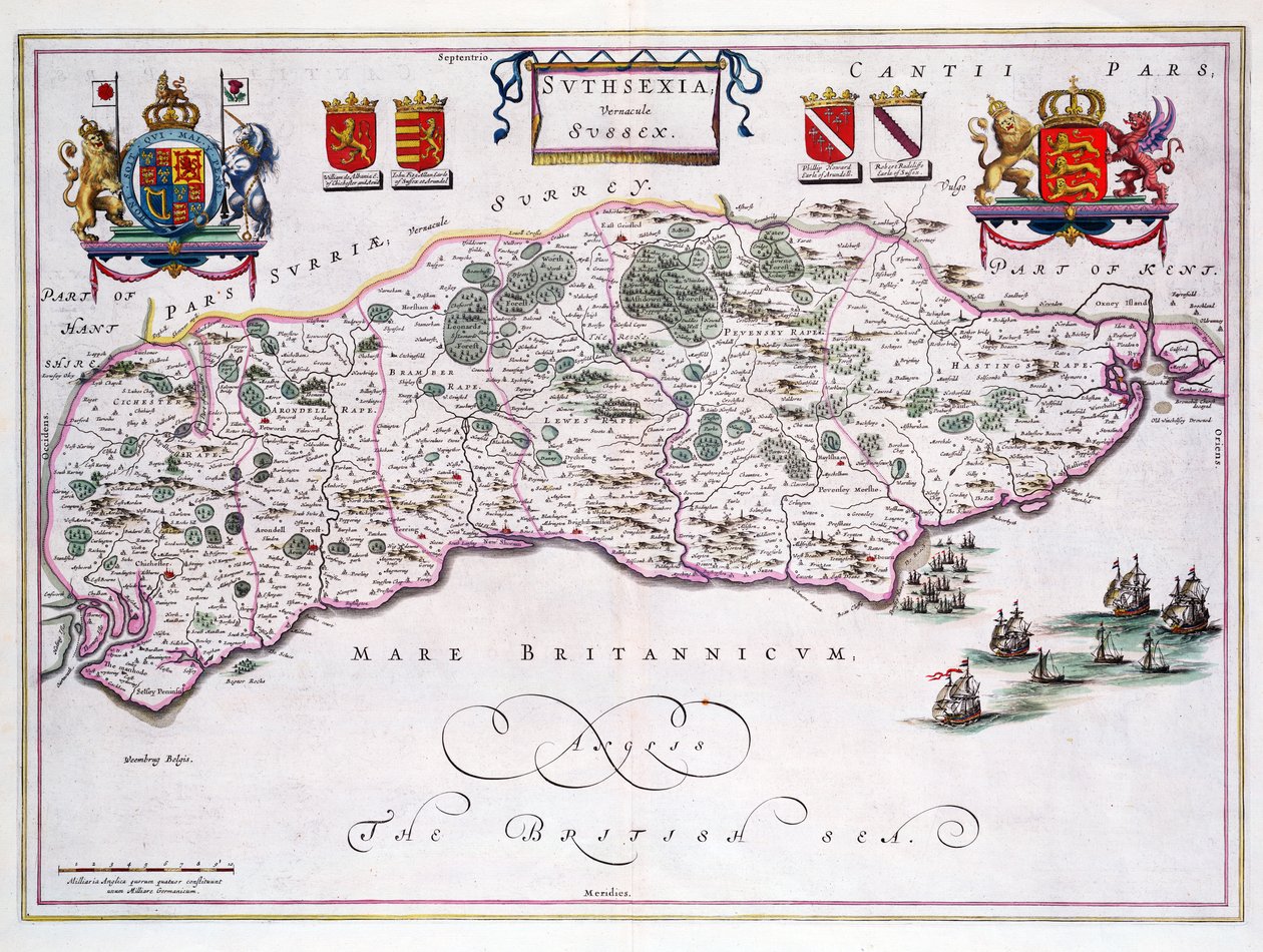 Mapa, de, sussex, (hand, colorido, engraving) de English School