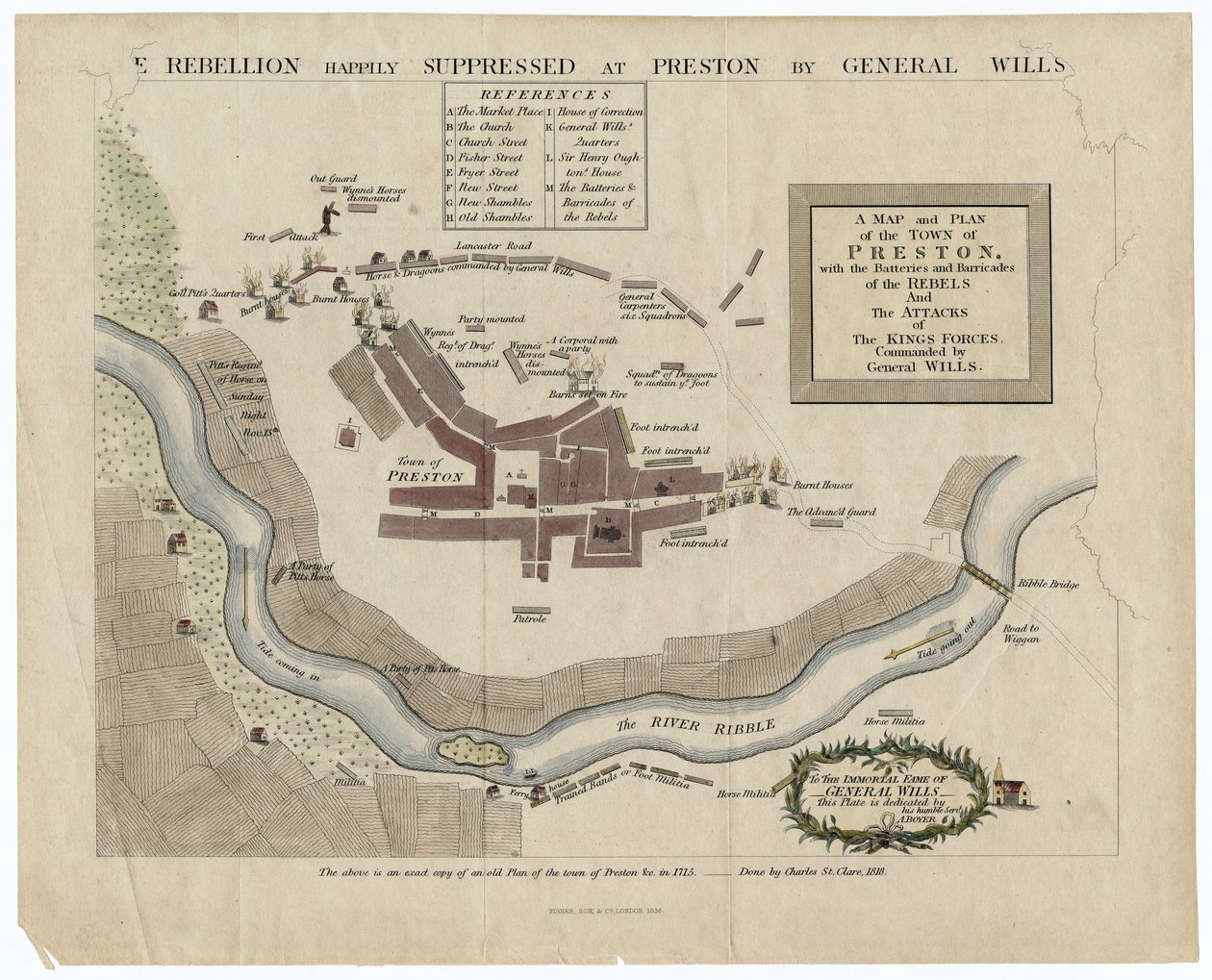 Mapa da Batalha de Preston de 1715, 1818 (gravura colorida à mão) de English School