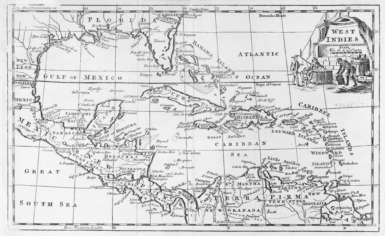 Mapa das Índias Ocidentais, Flórida e América do Sul de English School