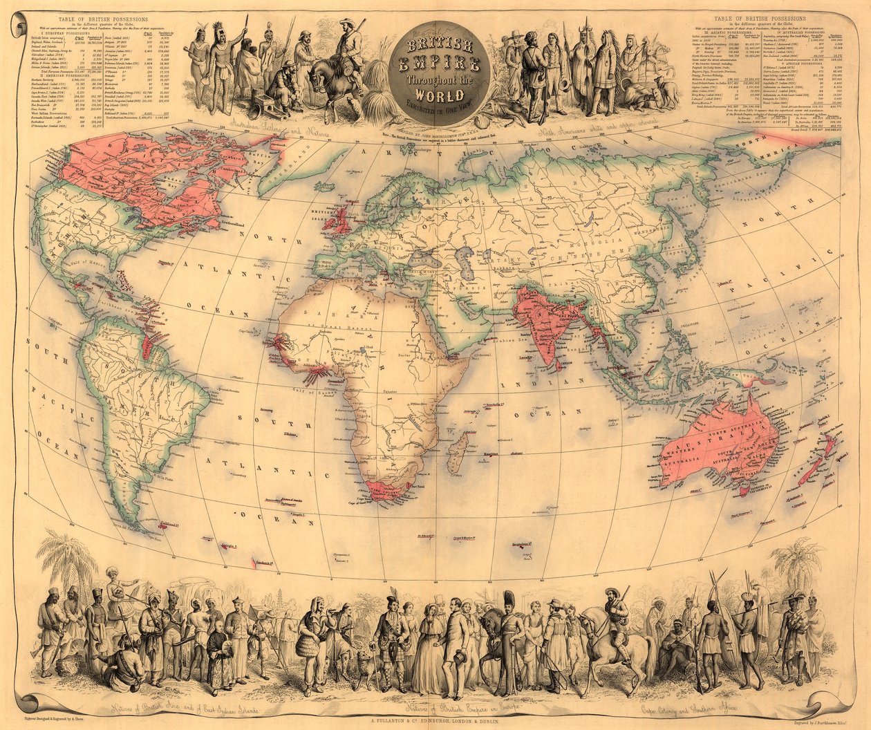 Mapa do mundo com posses do Império Britânico de cor vermelha, c.1870 (gravura colorida à mão) de English School
