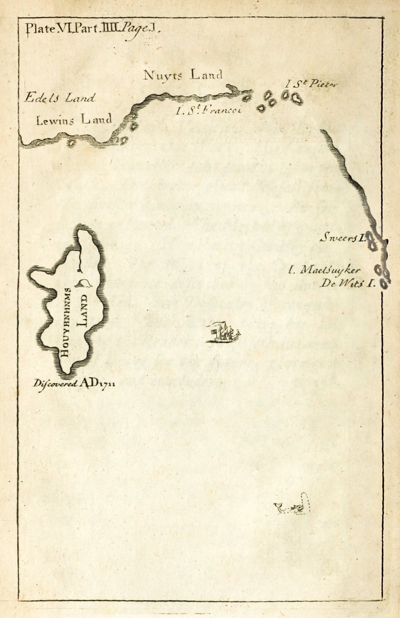Mapa mostrando a localização da Terra Houyhnhnms da primeira edição de Viagens para Várias Nações Remotas do Mundo, melhor conhecida como Gullivers Travels por Jonathan Swift de English School