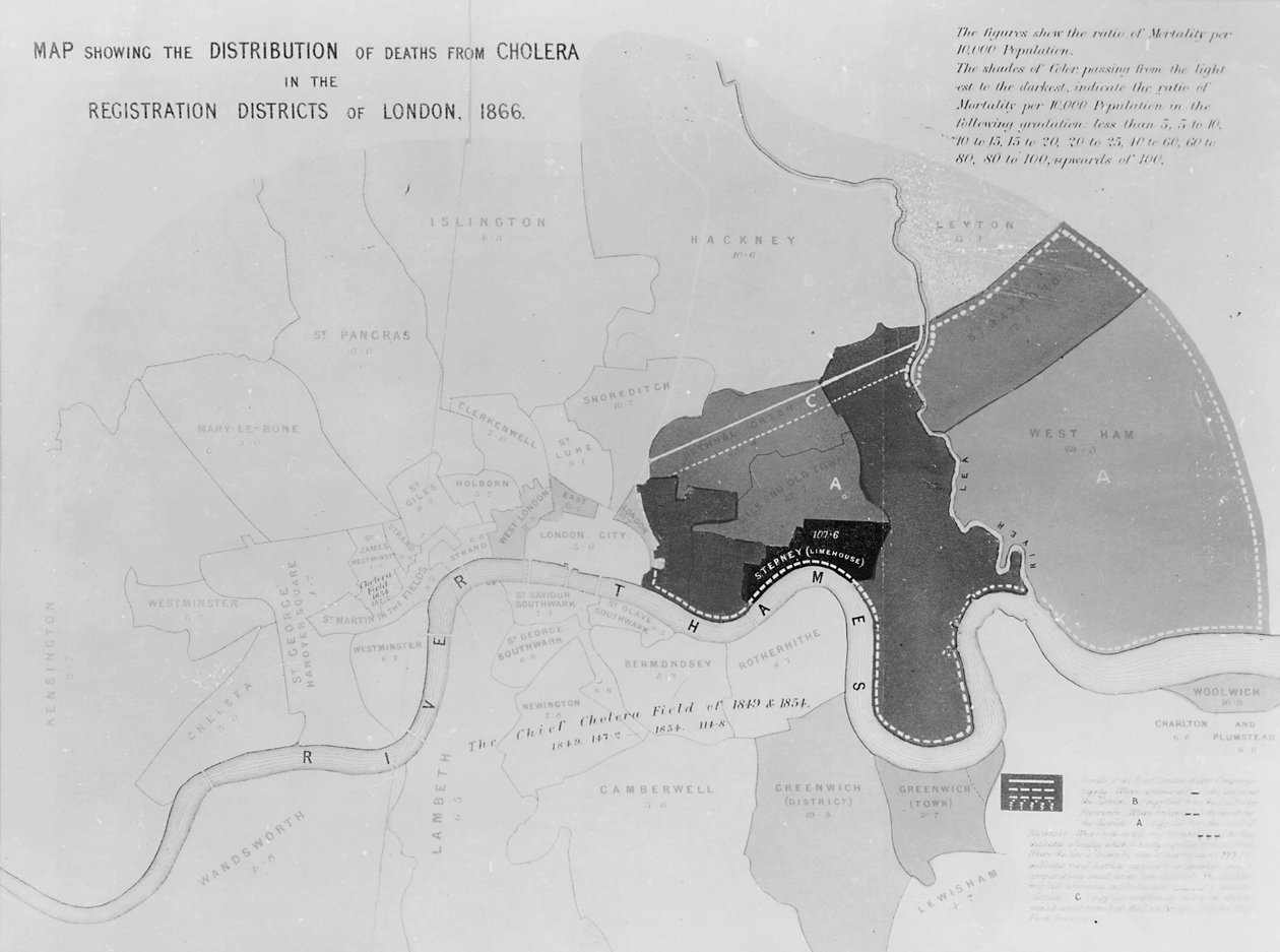 Mapa mostrando a distribuição de mortes por cólera nos distritos de registro de Londres, 1866 de English School